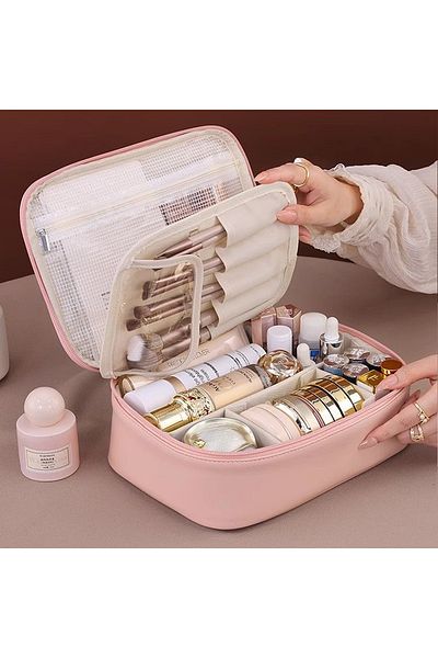 Choice Pink New PU leather makeup bag with large capacity, portable, and high-end outdoor feel, layered and