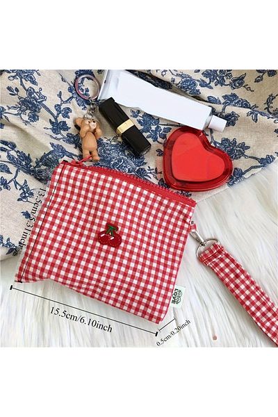 Choice Red Red cherry canvas makeup bag, portable and easy to carry. Red plaid, large capacity cosmetic lip