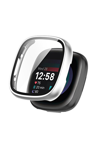 Choice Fitbit Versa 4 Silver Glass+Case for Versa Versa 4 Watch Protective Bumper Hard PC Shell HD Screen