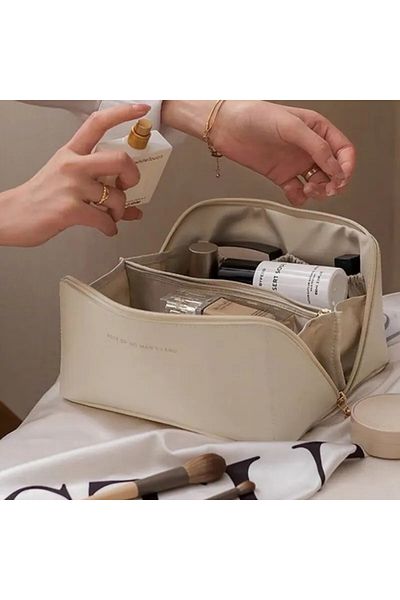 Choice Beige Fashion Portable PU Leather Large Capacity Travel Cosmetic Bags Makeup Pouch Women Waterproof