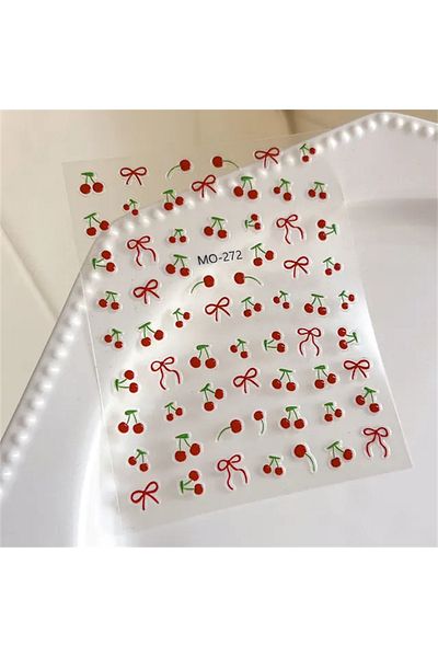 Choice 1pcs MO-272 1pcs Kawaii Red Cherry Bow Nail Stickers 3D Cute Bow Fruit Back Adhesive Stickers Press