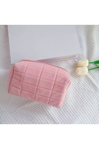 Choice Pink Cute Plush Makeup Bag for Women Portable Travel Small Cosmetic Bags Solid Color Zipper Toiletry