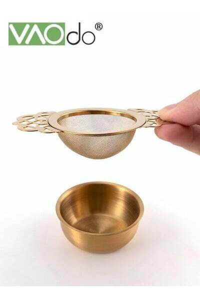 VAODO قطعتان من فلتر الشاي المصنوع من الفولاذ المقاوم للصدأ مع وعاء تنقيط وفلتر شاي شبكي دقيق باللون الذهبي