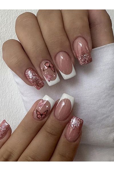 Choice QHW1367 24 pcs short square French Simple Flash Rose Pink Butterfly fingernail +1 nail glue +1 nail