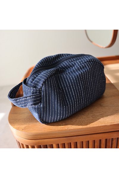 Choice Blue Classic striped large capacity portable cosmetic bag cotton linen fabric dark zipper skin care