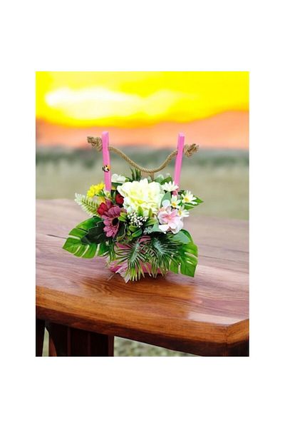 OEM Aranjament floral artificial în cutie de lemn cu mâner din frânghie