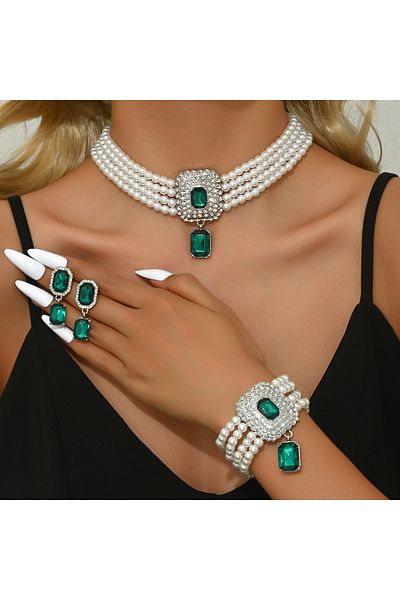 Choice 80854306-Green Women's Fashion Light Luxury Short Style Imitation Pearl Rhinestone Necklace Earrings