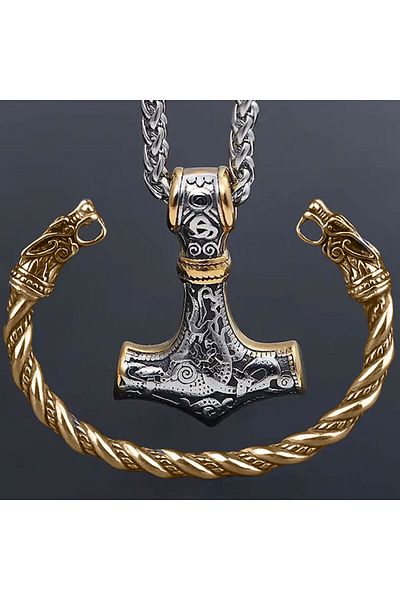 Choice Golden 2-piece Set Viking Retro Hammer Pendant Wolf Head Necklace andBracelet Set Scandinavian Norwe