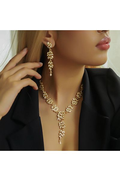 Choice 808313-قلادة ذهبية مكونة من 3 قطع أنيقة وعصرية للنساء، قلادة على شكل أوراق وأزهار، أقراط، مجوهرات