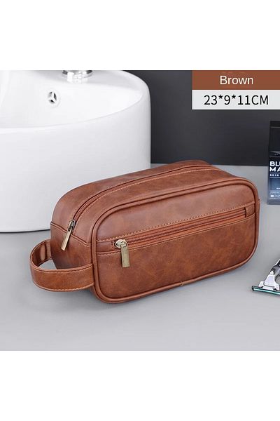 Choice light brown Men Leather Wash Bag Travel Business Trips Portable Cosmetic Bag Large Capacity Multi Po