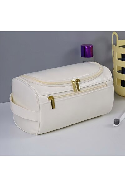 Choice منظم مستحضرات تجميل للسفر من الجلد المنقوش الأنيق باللون الأبيض العاجي - تصميم بخطاف، مساحة داخلية واسعة للمستحضرات