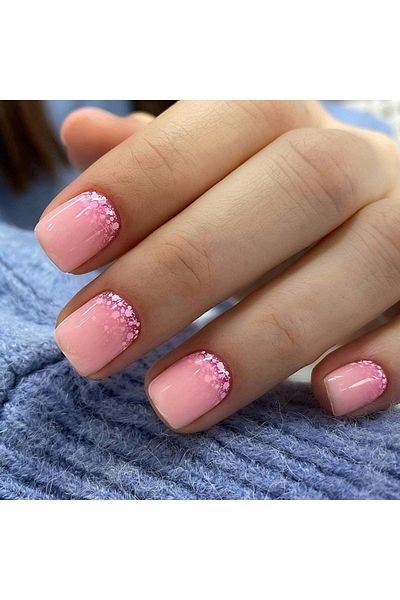 Choice QHW1086 24 PCS short square French Minimal gradient Glitter nails +1 nail glue +1 nail file