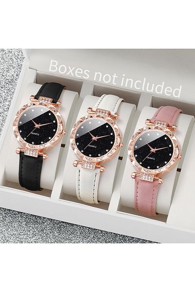 Choice 3PCS Set Without Box 3PCS Women Watches Fashion Rhinestone Leather Band Quartz Watch Set（Without Box