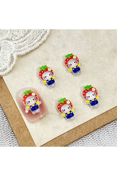 Miniso 02 100Pcs New Strawberry Hello Kitty Nail Charms - Icy Translucent Glitter Mini Dress KT Cat 3D Nail