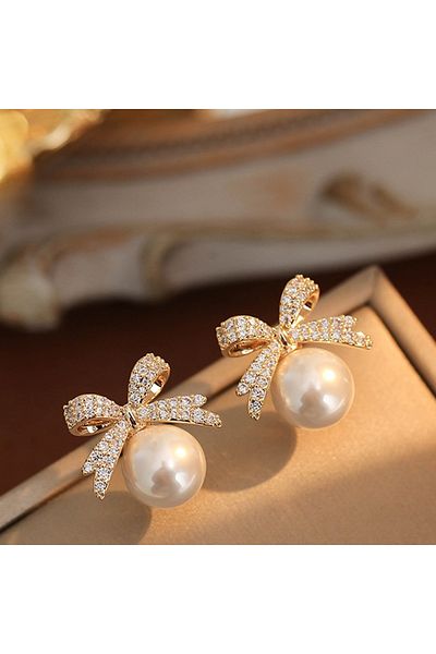Choice white Sparkling Rhinestone Bow Pearl Stud Earrings Light Luxury Fashion Jewelry Women Gifts Wedding