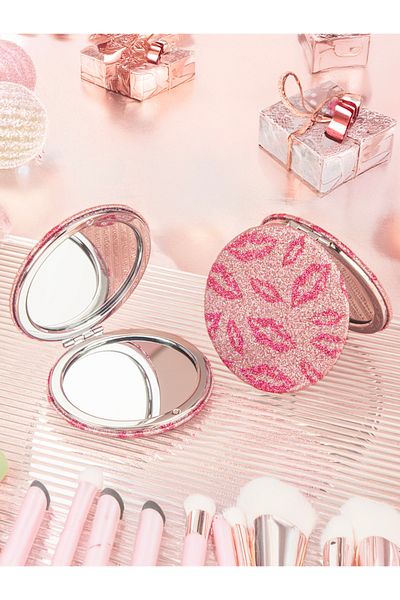 Choice AE-0074-RO 1 PC Lip Pattern Glitter Double-Sided Makeup Mirror, Portable and Stylish—Perfect Gift fo