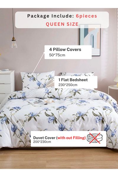 LUNA HOME Queen Size 6 Piece Duvet Cover Set White with Blue Flowers Bedding Set without Filler 200x230cm.
