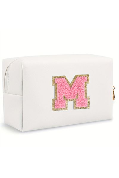 Choice 1PC white M Initial letter patch makeup bag, Preppy portable zipper bag, PU leather waterproof trave