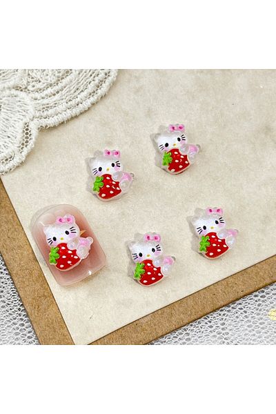 Miniso 08 100Pcs New Strawberry Hello Kitty Nail Charms - Icy Translucent Glitter Mini Dress KT Cat 3D Nail