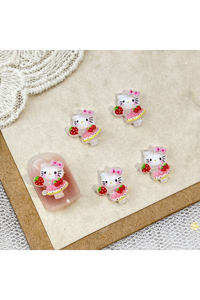 Miniso 05 100Pcs New Strawberry Hello Kitty Nail Charms - Icy Translucent Glitter Mini Dress KT Cat 3D Nail