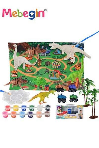 MEBEGIN 3D Dinosaur DIY Craft Kit with 4 Dinosaur Figurines 4 Cars and 1 Mat Educational Dinosaur Model Toys