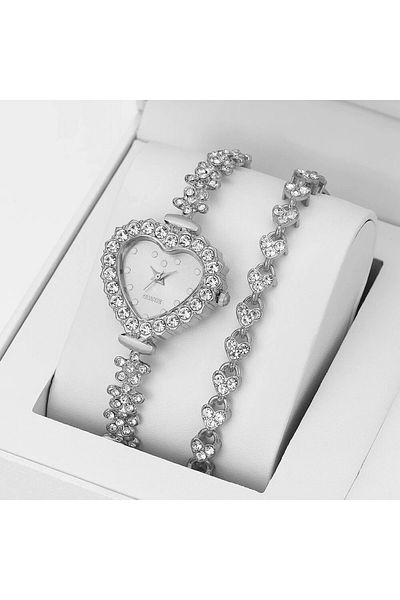 Choice Silver 2PCS Set Women Luxury Business Watches Casual Rhinestone Bracelet Ladies Heart Dial Quartz Wr