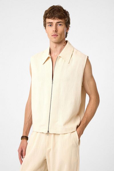 Antioch Beige Polo Collar Textured Men's Vest