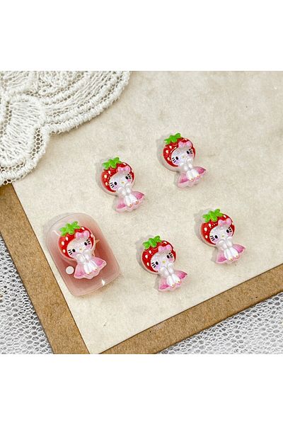 Miniso 03 100Pcs New Strawberry Hello Kitty Nail Charms - Icy Translucent Glitter Mini Dress KT Cat 3D Nail