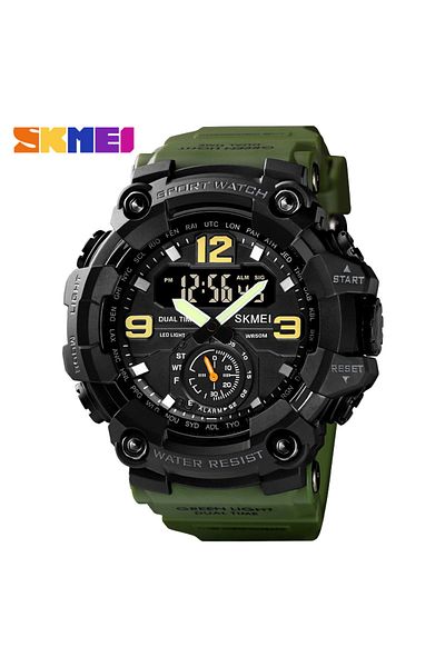 Skmei Green Shockproof Digital Digita Wristwatch For Men Dual Movement LED light Sport Quartz Watch