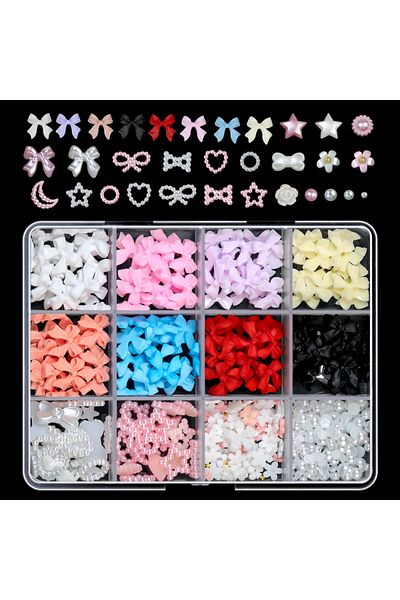 Choice ZB132-1 12Grids/Box 3D Mixed Bowknot Pearl Heart Nail Charms Flatback Resin Flower,Star,Moon Nail Rh