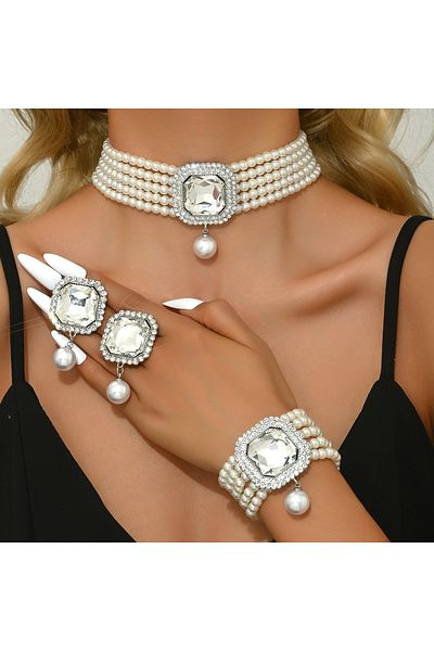 Choice 80854201-White Women's Fashion Light Luxury Short Style Imitation Pearl Rhinestone Necklace Earrings