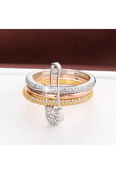 Choice 5 Silver-gold Lady Fashion Pin Connection Three Layers Design Ring For Women Gift Jewelry