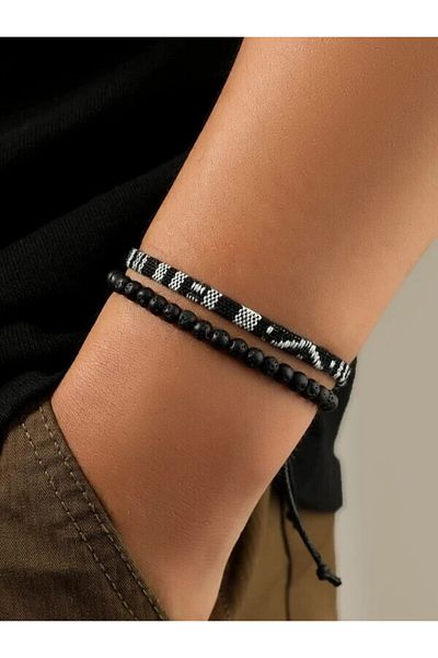 Choice Style A 2PCS Tiger Eye Stone Or Volcanic Stone Plus Hand -Woven Bracelet Wave Samia Style Elastic Br