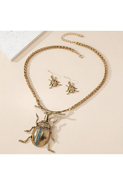 Choice Gold-color Retro Style Metal Chain Necklace with Beetle Pendant, Same Series Beetle Shaped Earrings