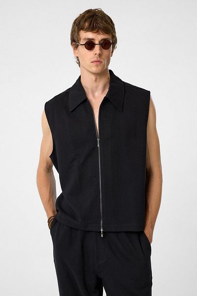 Antioch Black Polo Collar Textured Men's Vest