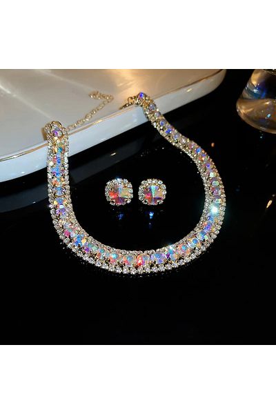 Choice ABcolourful Luxury Crystal Necklace Earrings Set Pink ABcolourful Necklace for Women Weddings Party