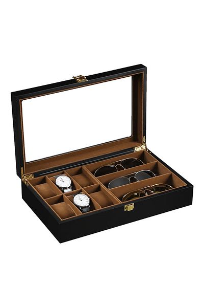 Choice Brown Watch Organizer Box,6 Watch 3 Slots Sunglasses Wooden Watch Organizer Box with Real Glass Top,