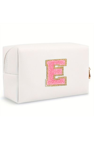 Choice 1PC white E Initial letter patch makeup bag, Preppy portable zipper bag, PU leather waterproof trave