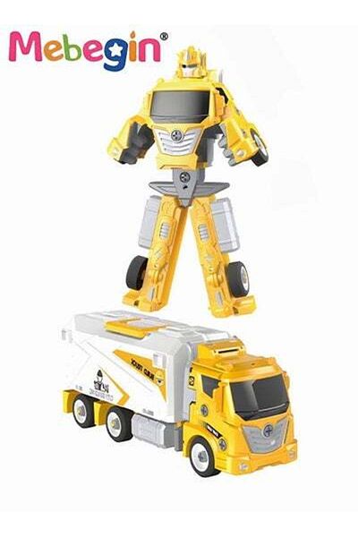 MEBEGIN Robot Transforming Truck Toy Set with Road Barrier Traffic Signs, Transforming Engineering Car Toy
