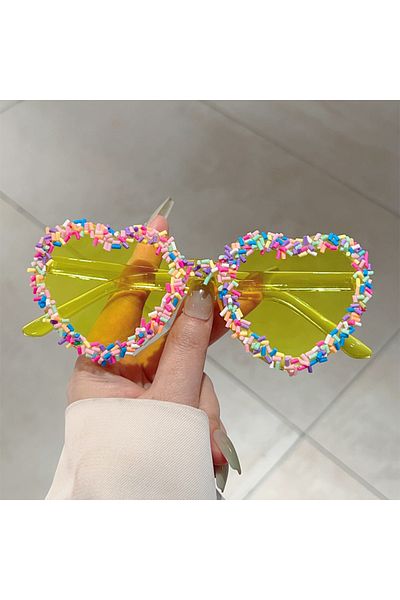 Choice as picture shows yellow KAMMPT Heart Shape Sunglasses with Colorful Jimmies Women Stylish Cute Beach