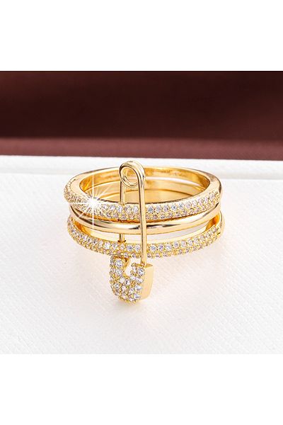 Choice 7 Gold Lady Fashion Pin Connection Three Layers Design Ring For Women Gift Jewelry