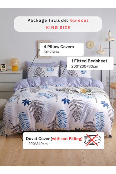 LUNA HOME King size 6pc Bedding set, Reversible Duvet Cover Set, with a Lovely Leaf Design 220X240cm.