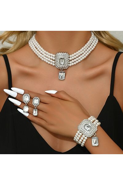 Choice 80854301-أقراط قلادة قصيرة فاخرة أنيقة للنساء باللون الأبيض مرصعة باللؤلؤ الصناعي وأحجار الراين