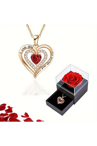Choice Golden Luxury Red Zircon Pendant Necklaces With Rose Flower Gift Box For Girlfriend Women I Love You