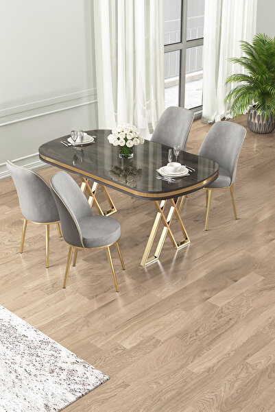 Canisa Lai Serisi 90x168 Lak Panel Antrasit İroni Masa ve 4 Gri Sandalye Gold Kaplama Ayak