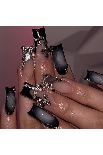 Choice Y1 24pcs Glossy Black Fake Nails For Spicy Girls Shimmery Rhinestone French Style Cross Press On Nai