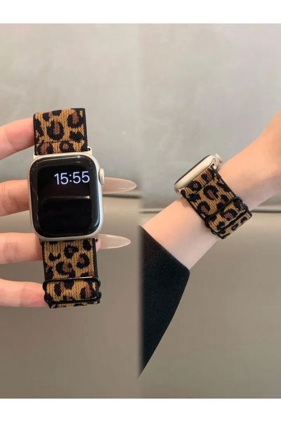 Choice 38 40 41mm-S10 42mm Black Yellow Leopard Stretchy Nylon Watch Band Compatible With iWatch Adjustabl