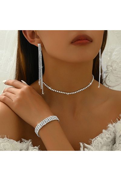 Choice 80820401-أقراط نسائية فضية عصرية على شكل مخلب متعدد الصفوف مع قلادة وسوار ومجوهرات مقاس S