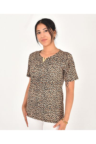 Pollux Bluză de modă pentru femei cu model leopard cu detaliu de accesorii