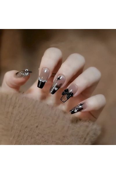 Choice black 24PCS/1BOX Dark Wind Gradient Long White Bow Nail Patch Fake Nails